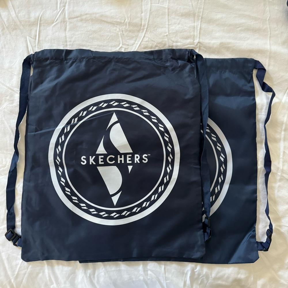 2 x SKECHERS Nylon Drawstring Backpack White Logo Gym Travel Midnight Blue Bag